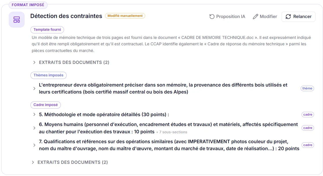 Contraintes de format relevées dans le DCE par Penko : modèle fourni, thèmes imposés, cadre imposé