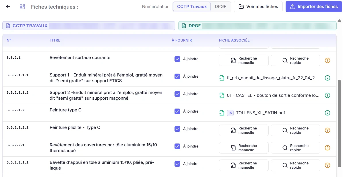 Fiches techniques associées aux articles du CCTP dans Penko