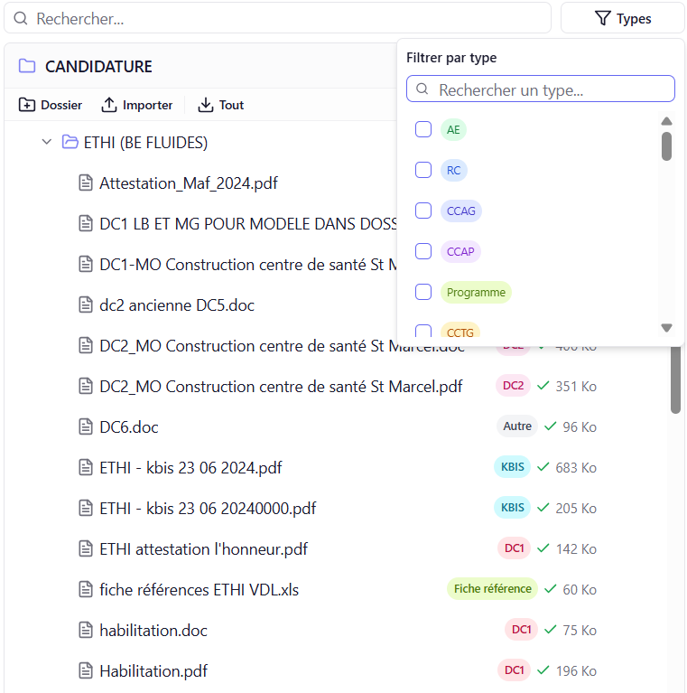 Pièces d'une candidature classées par type dans Penko